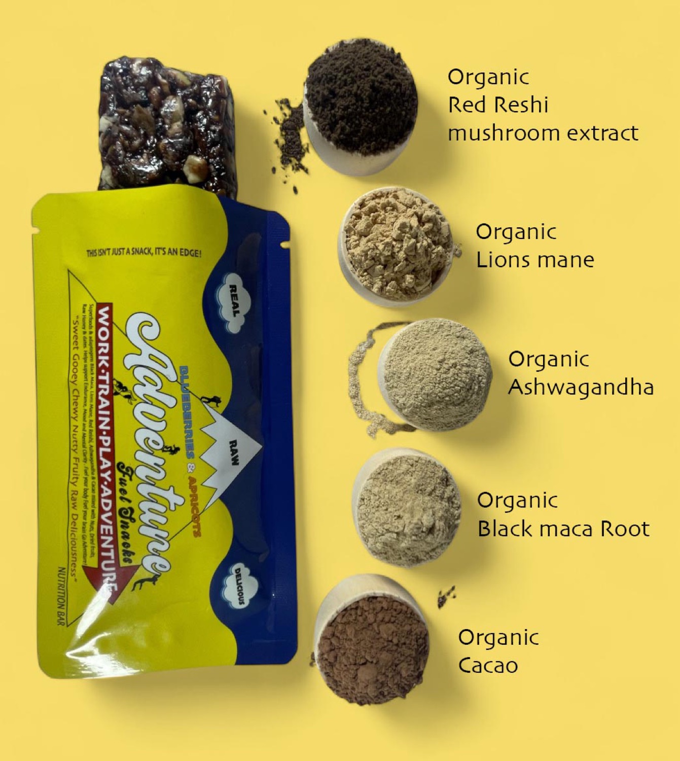 The five organic superfood powders in each Adventure Fuel Snacks bar