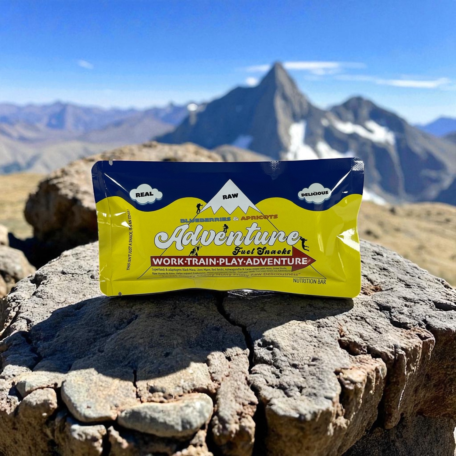 Adventure Fuel Snacks bar in the wild on a mountain peak